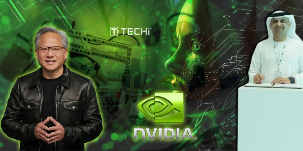 CEO of Nvidia and an official from Abu Dhabi's Technology Innovation Institute at the launch of a joint AI and robotics lab in the UAE, with the Nvidia logo and tech background.