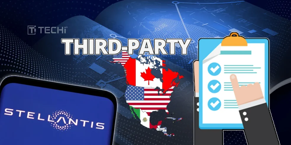 Stellantis logo with a map of North America and a checklist, highlighting a third-party breach affecting North American customers.