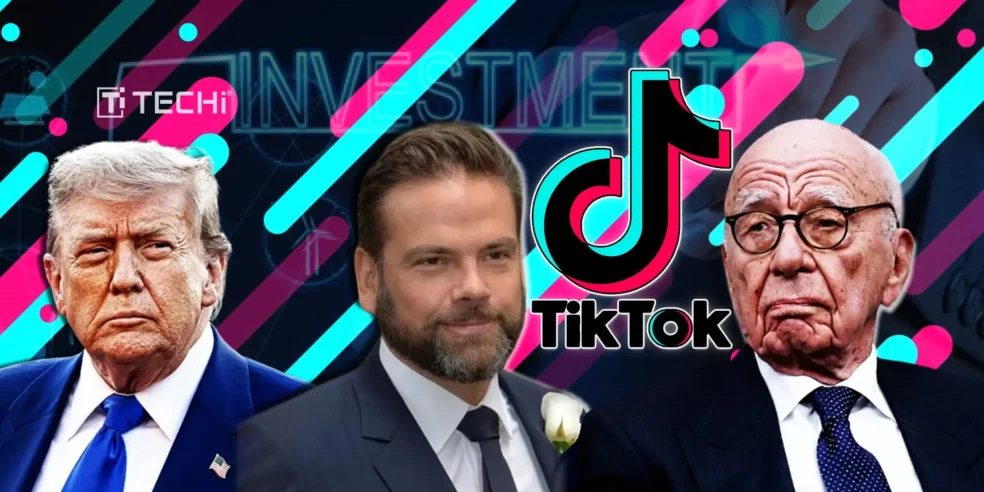 Image showing Donald Trump, Lachlan Murdoch, and Rupert Murdoch, with the TikTok logo, representing the potential involvement of Murdoch family in the TikTok deal.