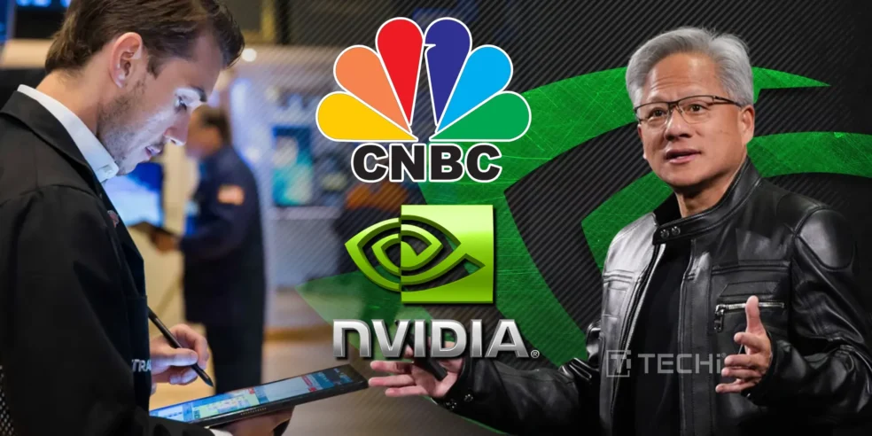 CNBC logo and Nvidia CEO Jensen Huang discussing Nvidia’s growth and dominance.