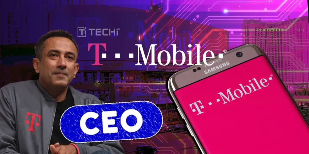T-Mobile's new CEO Srini Gopalan with T-Mobile branding and a Samsung phone displaying the T-Mobile logo.