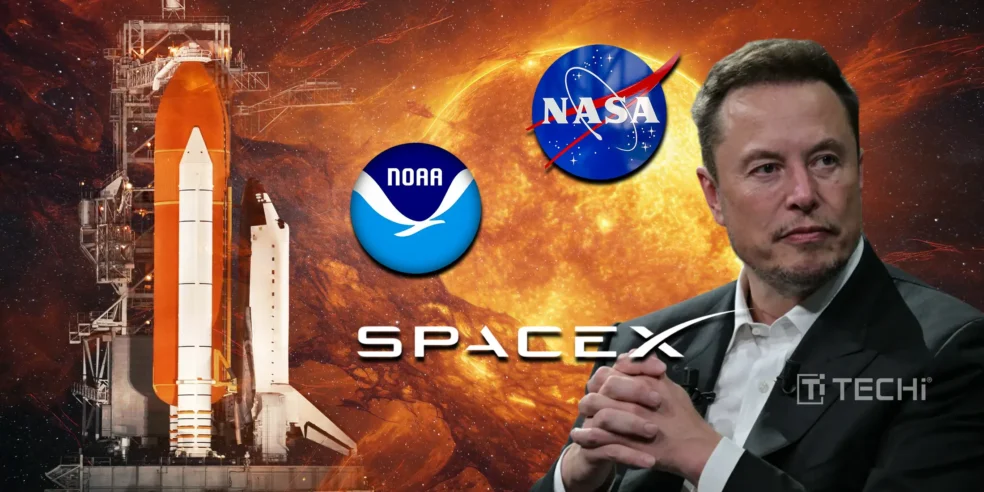 Elon Musk alongside SpaceX, NASA, and NOAA logos, with a SpaceX rocket launch against a solar backdrop, highlighting the mission to explore the impacts of the Sun.