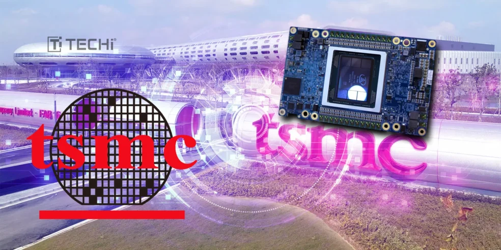 TSMC logo with a semiconductor chip and its manufacturing plant in the background, highlighting the use of AI to improve chip energy efficiency.