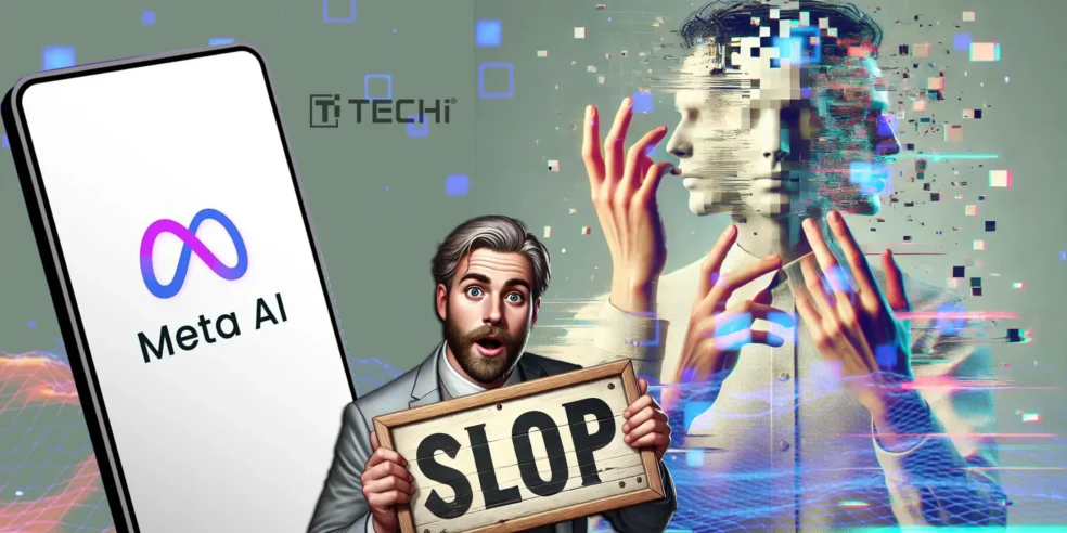 A digital illustration showing a man holding a sign labeled "SLOP" in front of the Meta AI logo and a distorted, pixelated human figure. The image represents the concept of "AI Slop" in Meta's new Vibes feature.