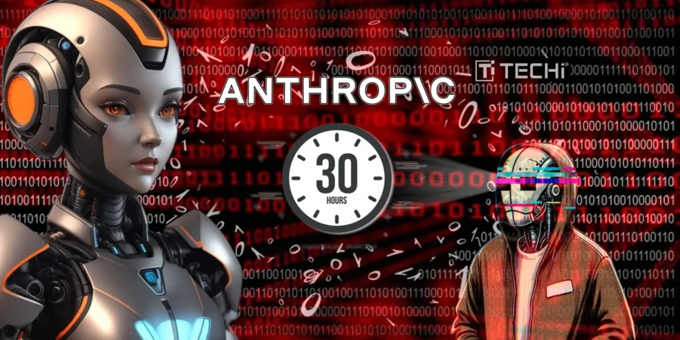 A futuristic AI robot and human-like figure in front of a binary code background, with a clock showing "30 Hours," symbolizing Anthropic’s AI model coding autonomously for 30 hours straight.