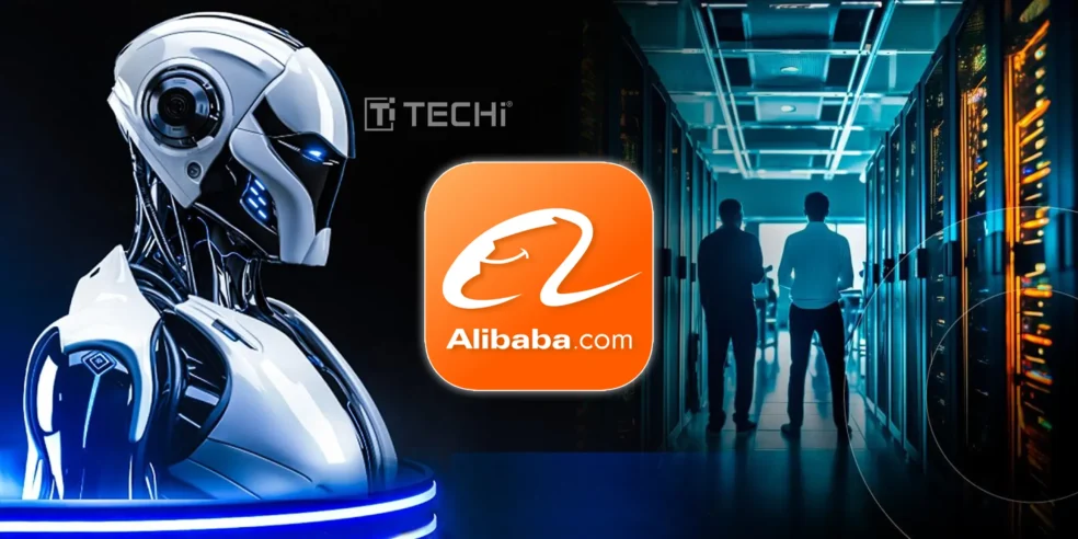 Alibaba’s AI model launch and new data centers expansion with futuristic robot and data center background.