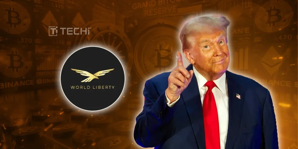 Donald Trump with World Liberty Financial logo and cryptocurrency background, symbolizing the launch of $WLFI tokens trading.