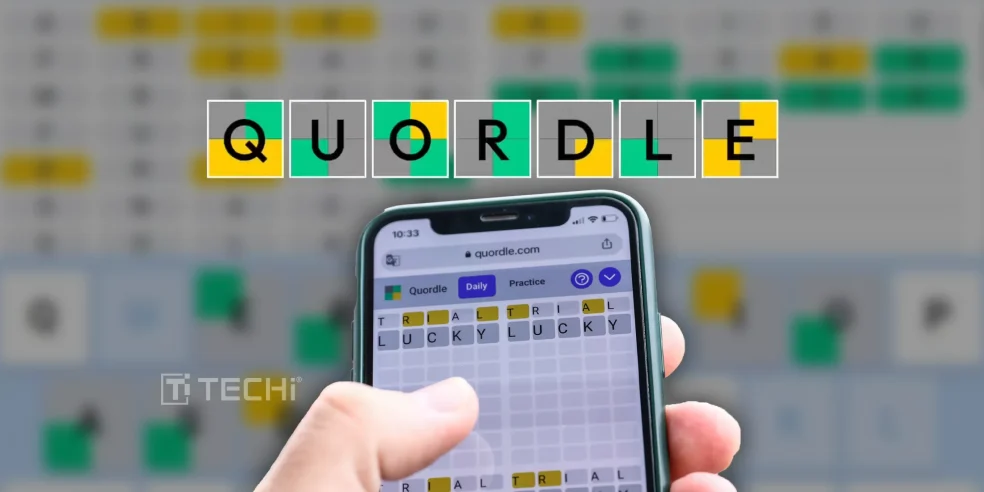 Quordle game on a phone screen showing green, yellow, and gray letters with guesses like 'TRIAL' and 'LUCKY'.