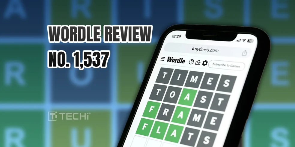 Wordle review of puzzle No. 1,537 displayed on a phone screen showing green and gray letters.