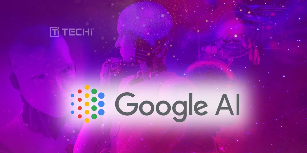 Google AI logo with robotic figures in a cosmic purple background, symbolizing the intersection of AI and search technology.