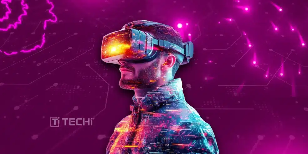 Man wearing a VR headset experiencing virtual reality with digital effects on a futuristic background.
