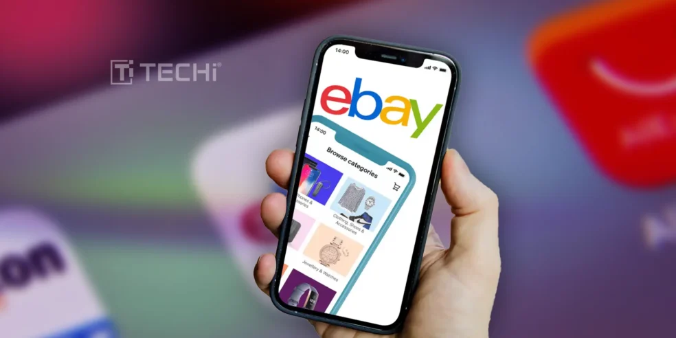eBay mobile app displayed on a smartphone, showcasing categories for browsing.