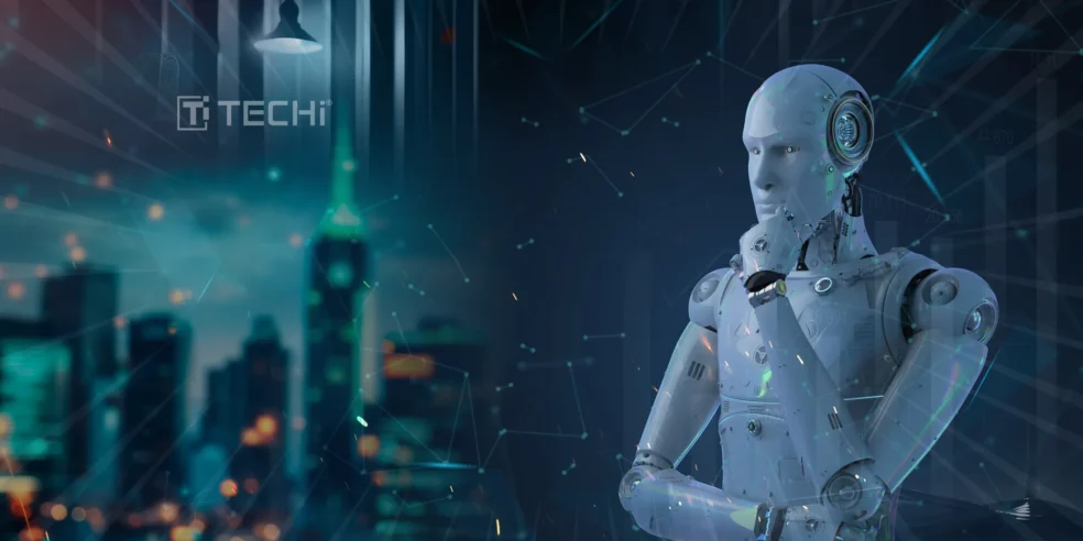 A futuristic AI robot in deep thought, surrounded by digital data and cityscape background, symbolizing the growing influence of artificial intelligence in technology and finance.