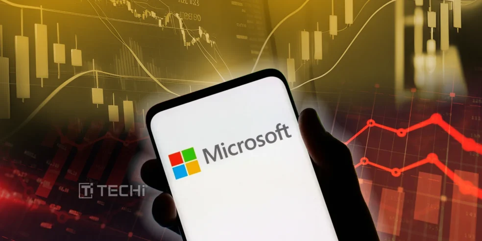 A smartphone displaying the Microsoft logo, with stock market charts and graphs in the background, symbolizing the strong financial performance of Microsoft.
