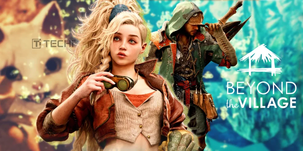 A character from Monster Hunter Wilds with a companion in the background, showcasing the dynamic settlements in the game.