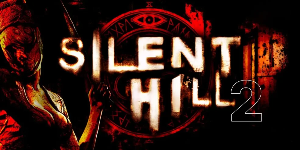 Silent Hill 2 game cover featuring eerie red and black tones with a haunting figure and the game's title.