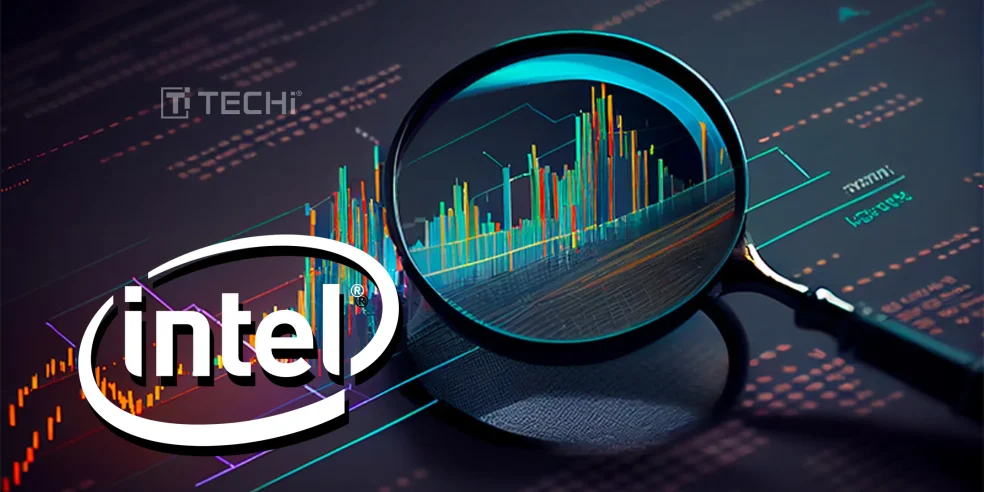 Intel logo overlaid on a magnifying glass with financial data analysis graph.