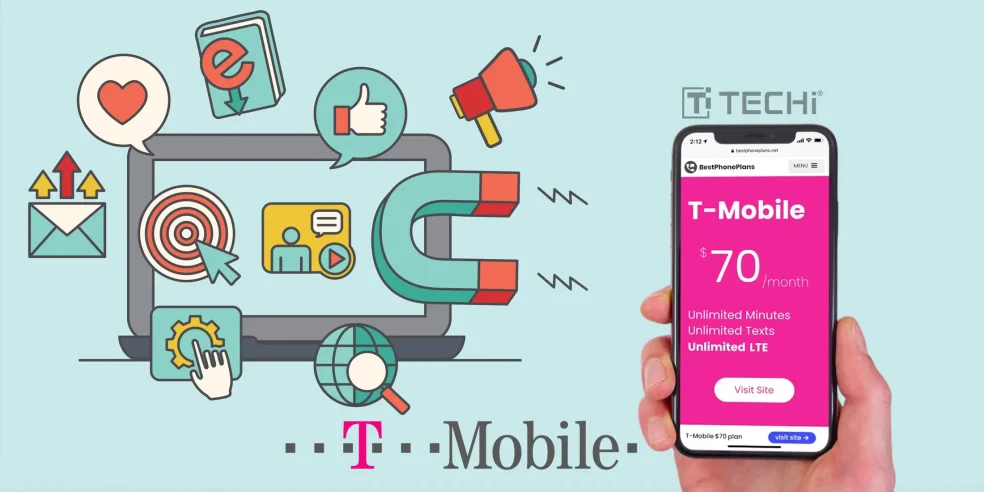 Illustration showing T-Mobile's mobile plan advertisement with a hand holding a phone displaying the T-Mobile $70/month plan and various related icons.