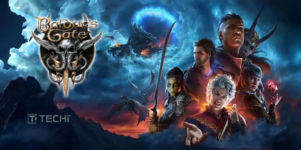 Baldur’s Gate 3 artwork featuring main characters and the game logo.