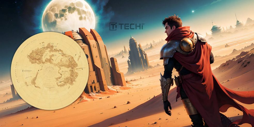 A person standing on the desert planet Arrakis with a map of the world of Dune, showcasing a futuristic and cinematic landscape with towering structures.