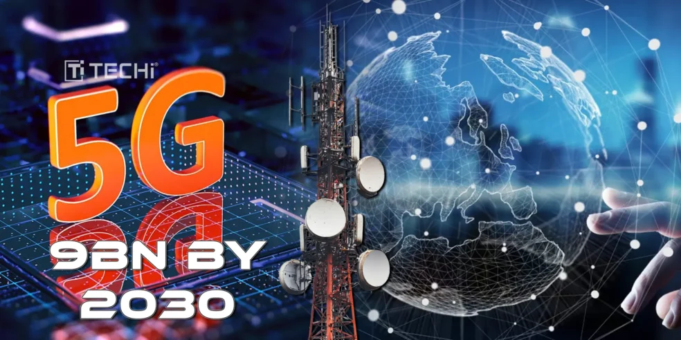 A visual representation of 5G technology, with the number "5G" prominently displayed, a cellular tower, and a global network connection map, symbolizing the projected growth to 9 billion global 5G connections by 2030.