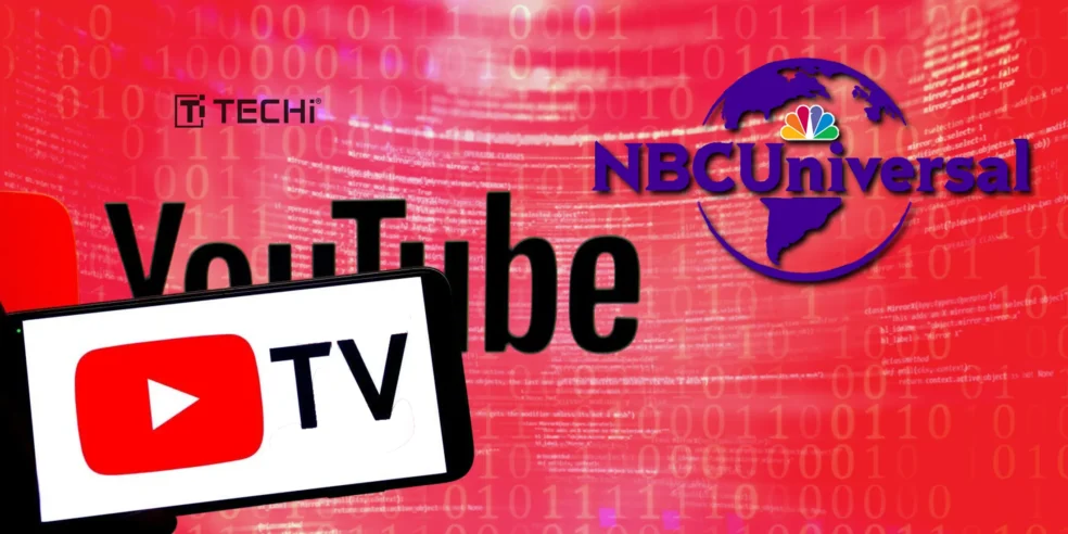 YouTube TV and NBCUniversal logo with binary code background, representing the short-term deal to avoid programming blackout.