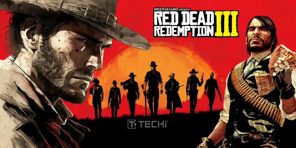 Red Dead Redemption 3 promotional artwork showcasing characters from the game with a red sunset background.