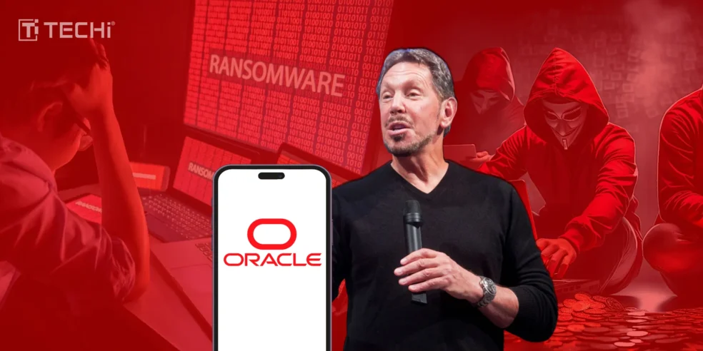 Oracle logo with a person stressed over ransomware attack and hackers trying to extort Oracle's customers.