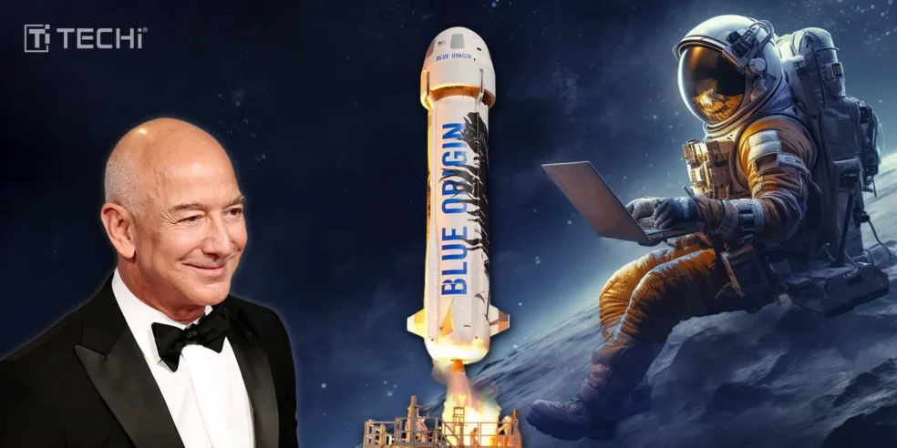 Jeff Bezos predicts millions living in space with Blue Origin rocket and astronaut.