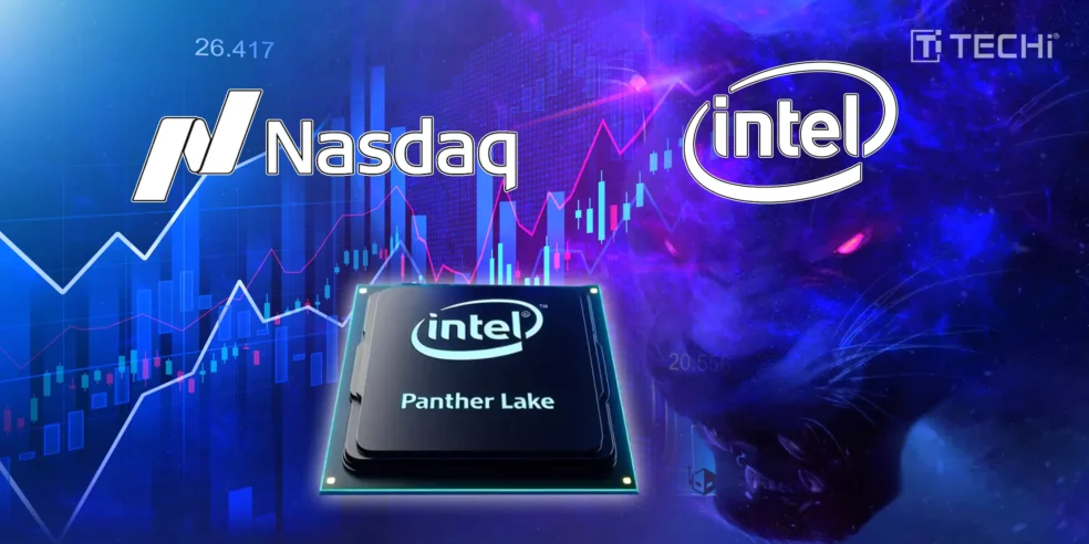 Intel Panther Lake chip with NASDAQ graph and stock performance in the background.