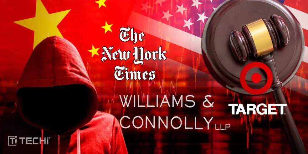 Image of a hooded hacker in front of the Chinese and U.S. flags, with the New York Times logo, Williams & Connolly law firm name, and a gavel, symbolizing cyberattacks on U.S. law firms.