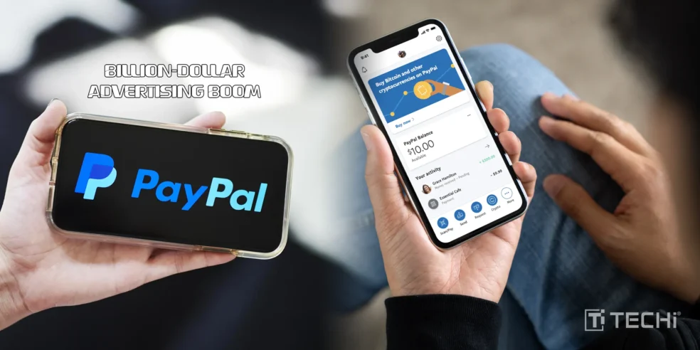 PayPal logo on a phone screen and a PayPal app showing a cryptocurrency option, symbolizing the company's shift into retail media and advertising.