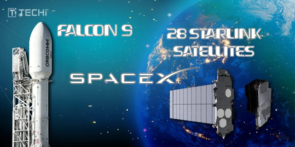 SpaceX Falcon 9 rocket launches 28 Starlink satellites with the Earth in the background.