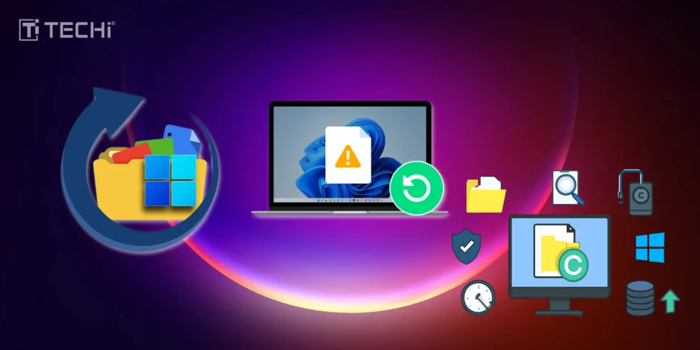 Illustration showing various methods for recovering lost files on Windows, including file recovery tools, backup options, and security features.