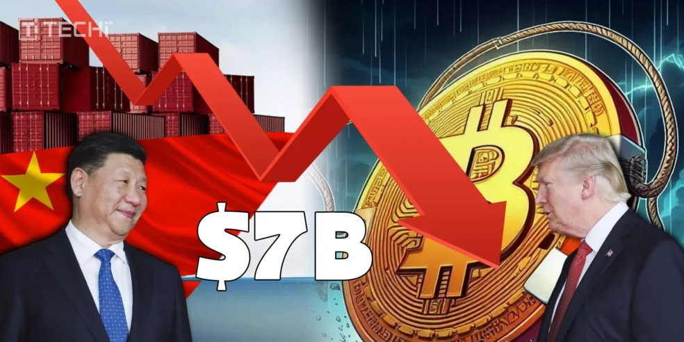 Image showing the Chinese flag, Donald Trump, and a Bitcoin symbol with a downward arrow, representing the $7 billion crypto liquidation caused by Trump's trade war announcement with China.