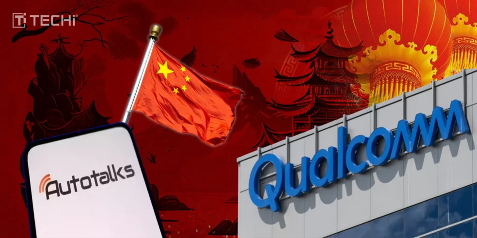 Image showing Qualcomm and Autotalks logos alongside the Chinese flag, symbolizing the ongoing antitrust investigation of Qualcomm's unreported acquisition of Autotalks.