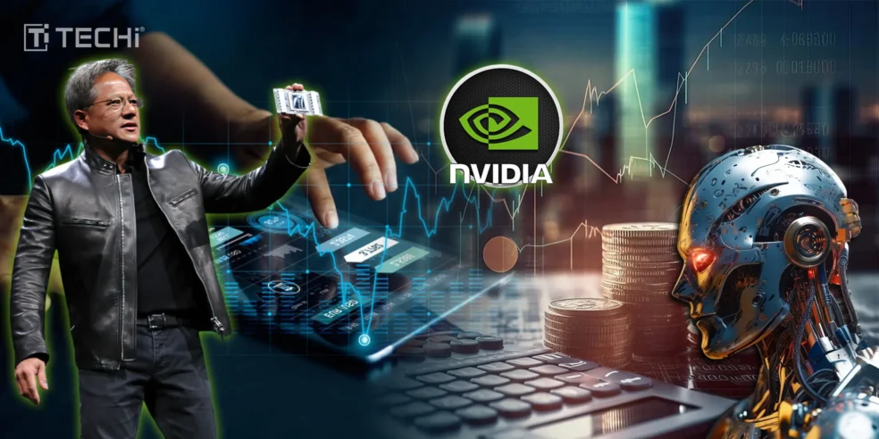 Image featuring Nvidia's CEO holding a GPU, with a graphical representation of AI growth and financial data, symbolizing Nvidia's investment in AI startups and technologies.