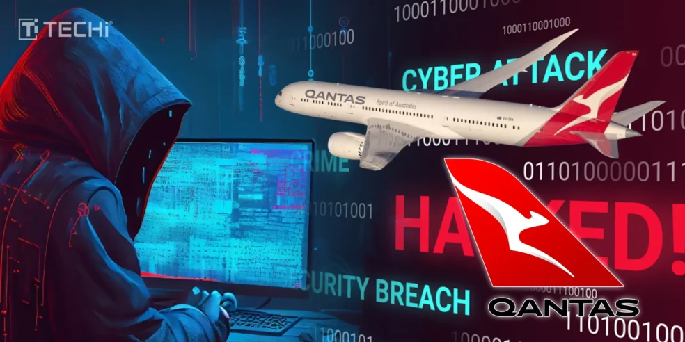 Image of a hacker behind a computer screen, with a Qantas airplane and a "HACKED" warning, symbolizing the breach of customer data in the Qantas cyberattack.