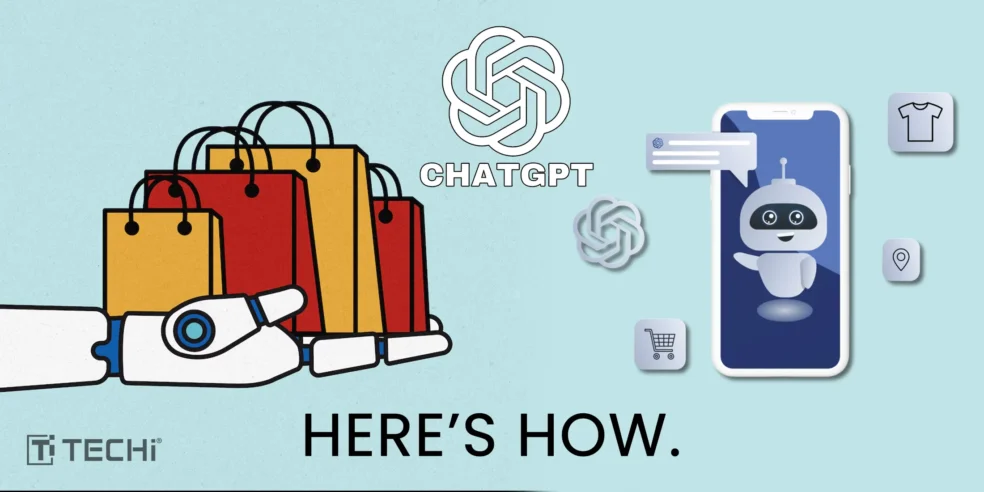 Image showing ChatGPT as a personal shopper with shopping bags, a phone with a chatbot interface, and shopping-related icons, symbolizing how ChatGPT can assist in shopping.