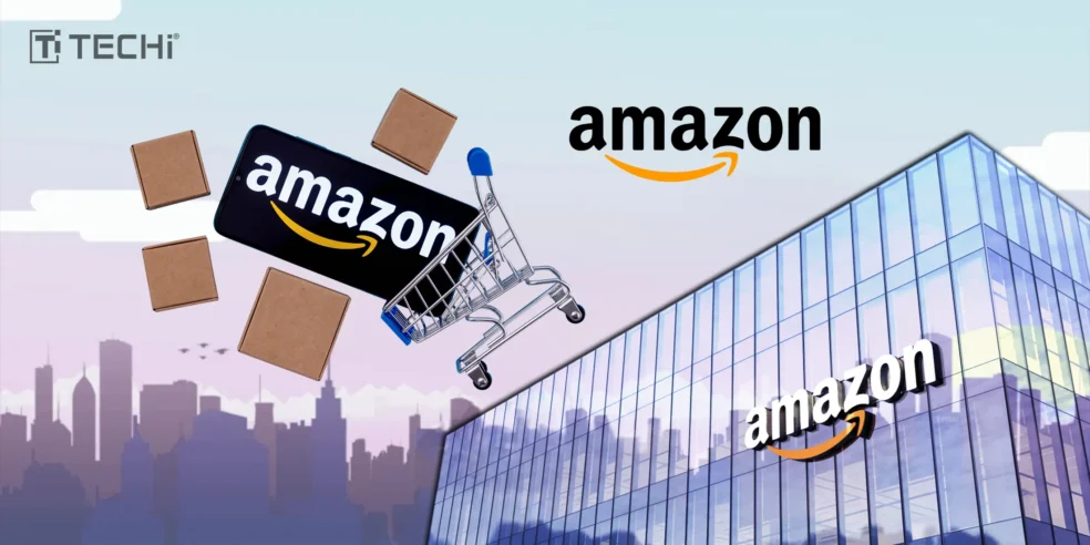 Image showing the Amazon logo on a shopping cart, Amazon boxes, and a building with Amazon branding, symbolizing the company's ongoing changes and layoffs.