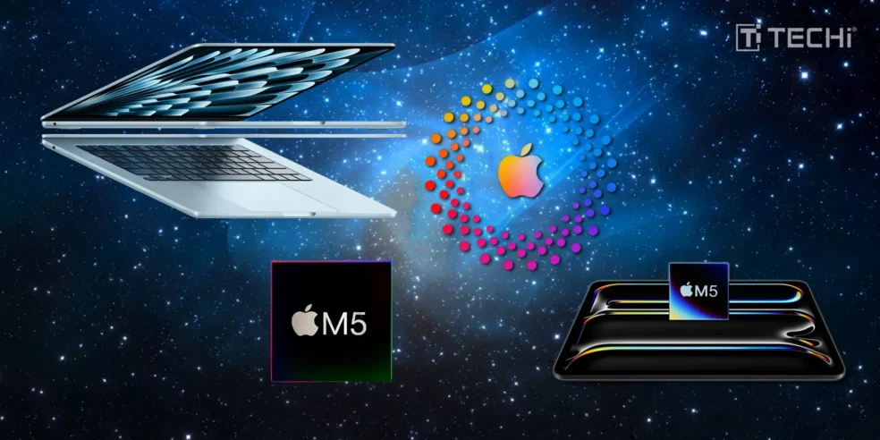 Image featuring the Apple M5 chip, showcasing the new AI performance on Apple silicon, with an Apple laptop and colorful AI-themed graphics in the background.