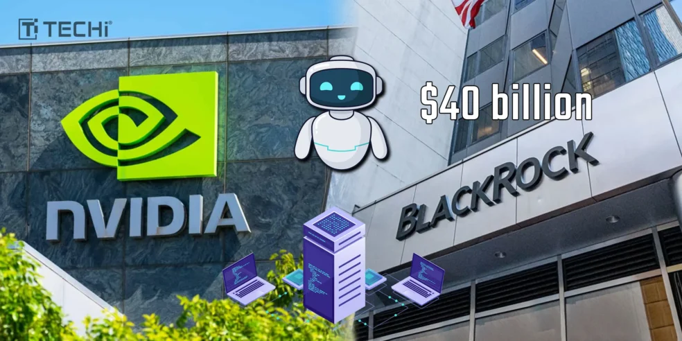 Image showing the logos of Nvidia and BlackRock, with a robot illustration and a $40 billion figure, representing their $40 billion AI data center deal.