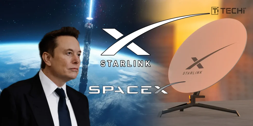 Image showing Elon Musk with Starlink satellites in space and the Starlink dish, symbolizing SpaceX's launch of 28 Starlink satellites into low Earth orbit.