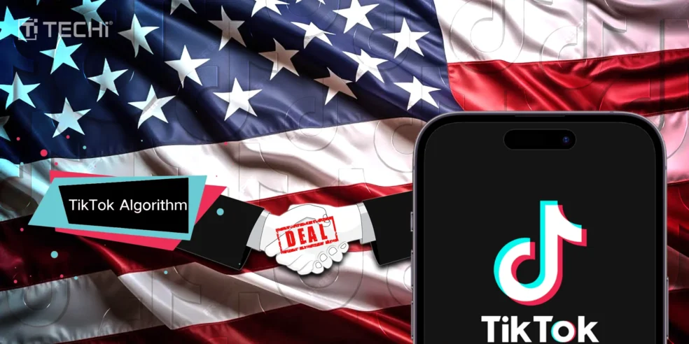 Image showing the TikTok logo with a handshake and 'Deal' stamp, set against the backdrop of the U.S. flag, symbolizing concerns raised over the licensing deal for TikTok's algorithm.