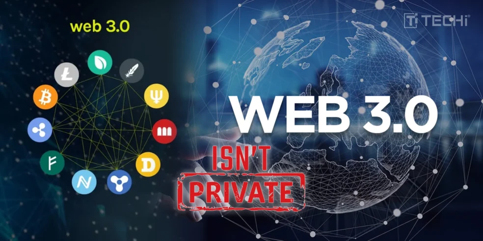 Image showing Web3 icons (cryptocurrencies) and a world map, with the text 'Web 3.0 Isn't Private' overlaid, highlighting privacy concerns in Web3.