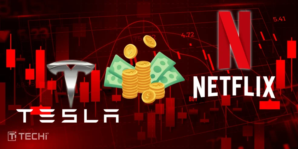 A graphic showing Tesla and Netflix logos, with money icons in between, set against a background of red stock charts, symbolizing Wall Street's volatility ahead of earnings reports.