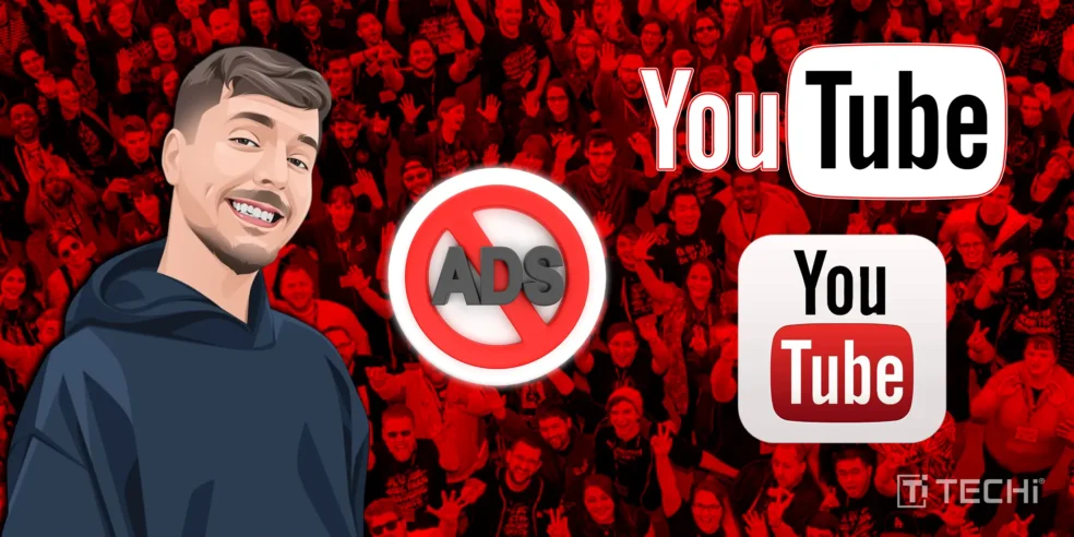 MrBeast and YouTube logo with a 'No Ads' symbol, symbolizing YouTubers diversifying away from ad revenue.