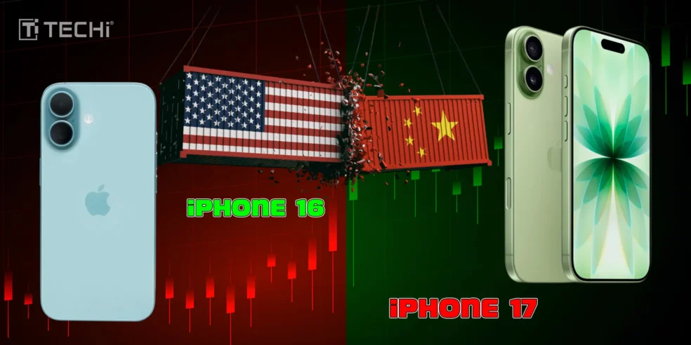 Comparison of iPhone 16 and iPhone 17 with US and China flags, symbolizing the sales performance and market differences between the two models.