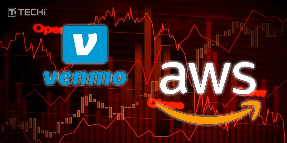 Venmo and AWS logos overlaid on a background showing fluctuating stock market graphs, symbolizing the disruption caused by AWS outage.