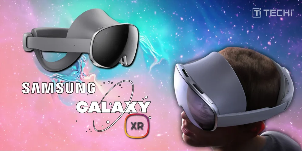 Samsung Galaxy XR headset with futuristic design, featuring two models in a cosmic-themed background